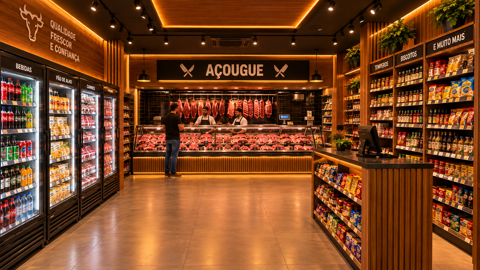 Interior de um açougue premium com balcão de carnes e produtos