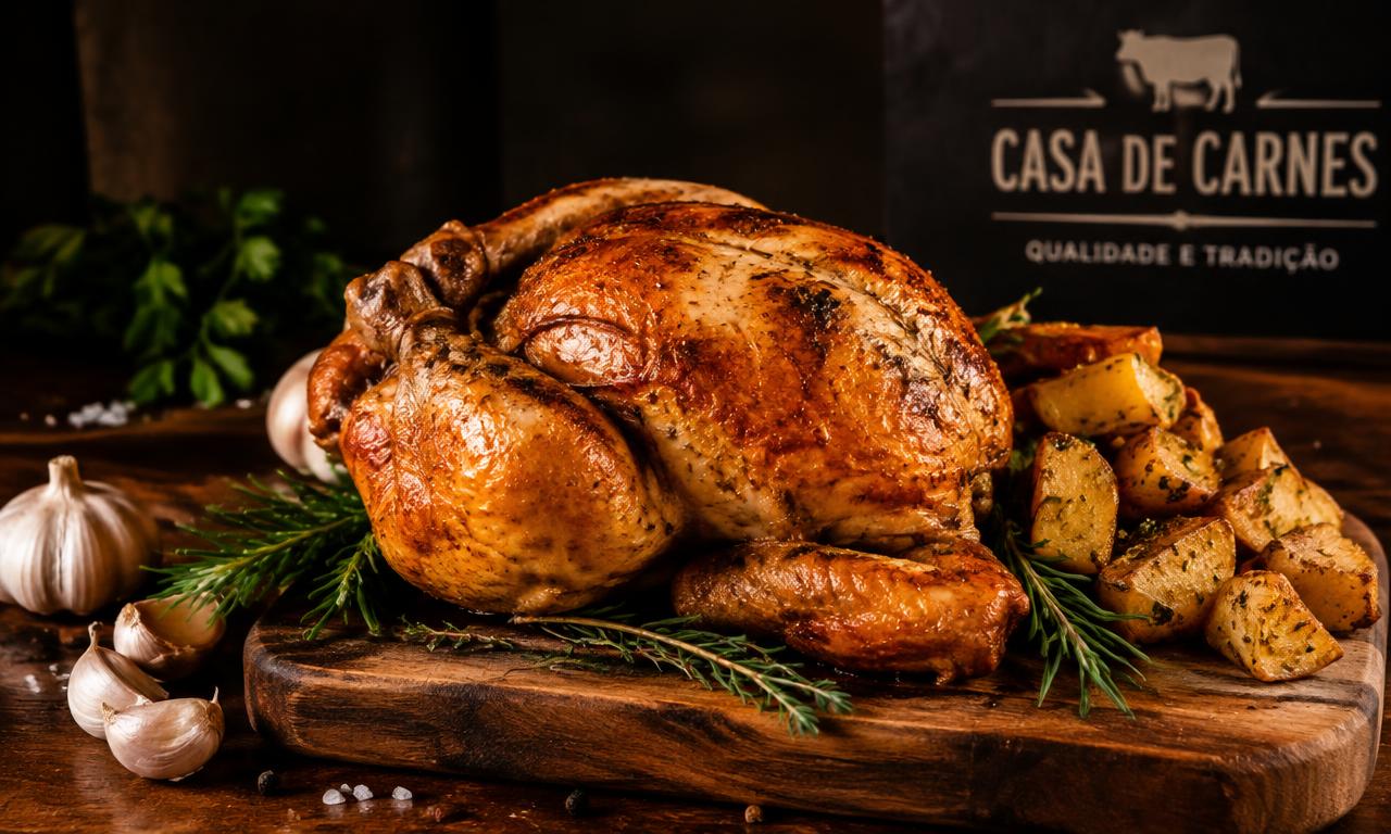 Frango assado dourado sobre tábua de madeira com batatas e alecrim